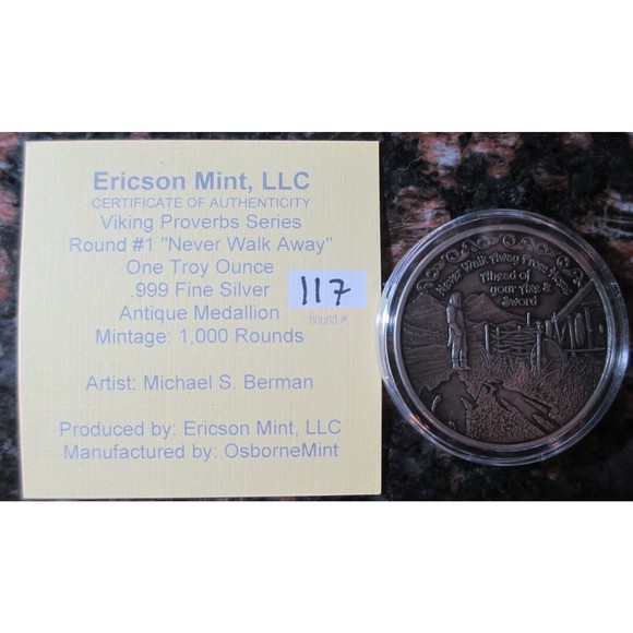 RARE Collectible 1 oz Silver Antique Medallion - Viking Proverb Never Walk Away - Picture 3 of 7